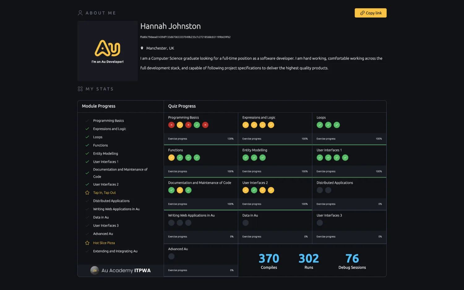 A Catalyst developer profile: an About Me panel, a Module Progress list, a Quiz Progress grid, and coding statistics reading 370 compiles, 302 runs, and 76 debug sessions.