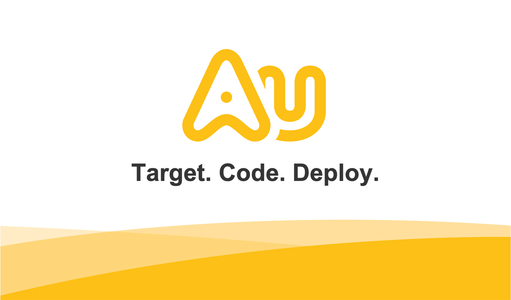 Au business card: Gold Au logo with slogan Target Code Deploy on top of gold hills.